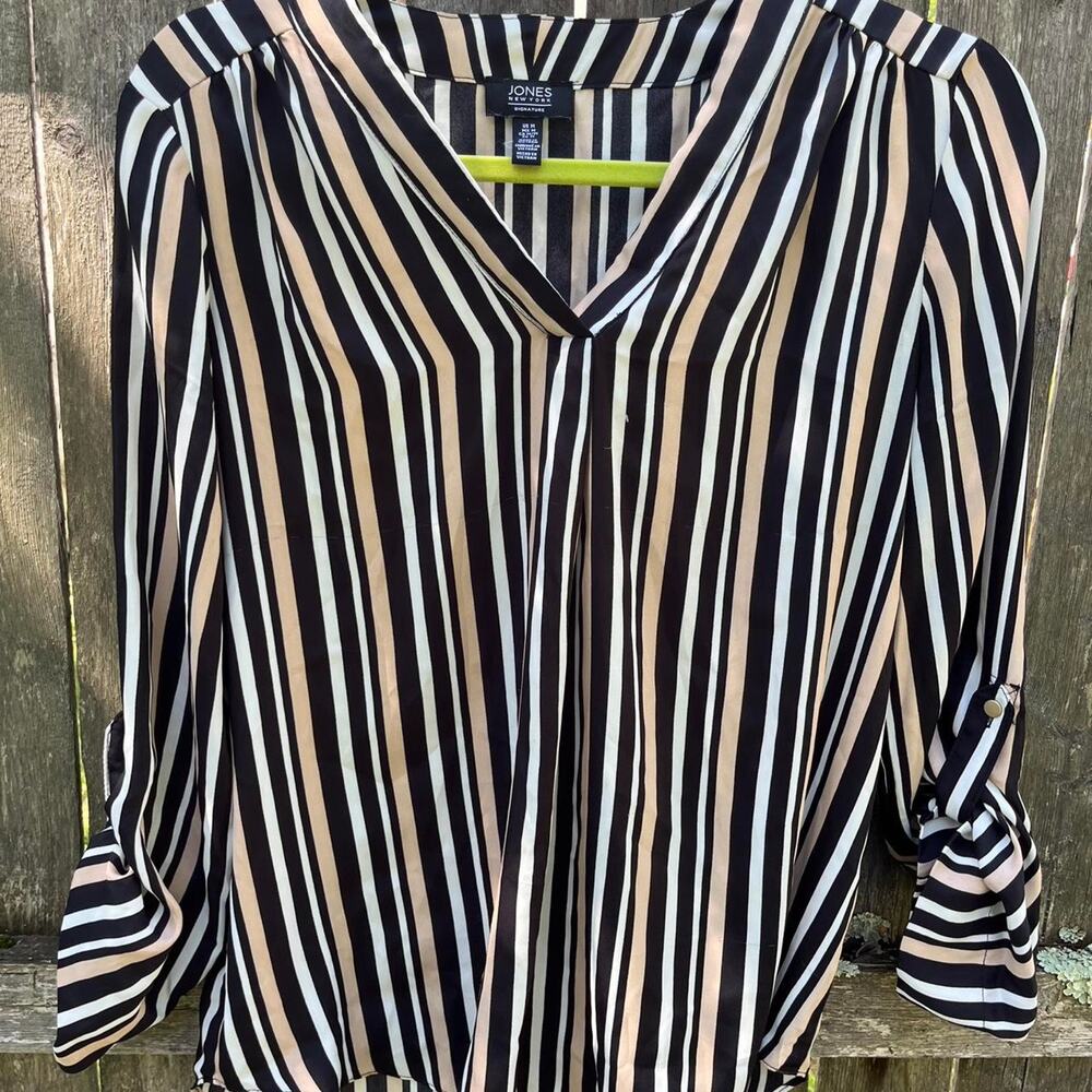 Black beige and white striped blouse